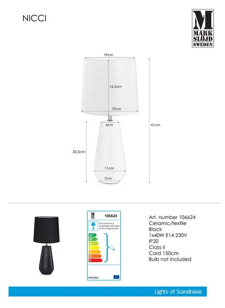 Czarna lampa stołowa Markslöjd Nicci, ø 19 cm