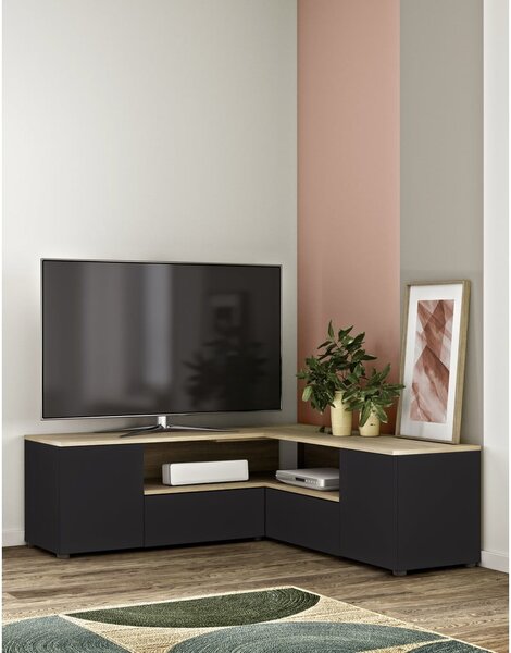 Czarna szafka pod TV w dekorze dębu 130x46 cm Angle – TemaHome