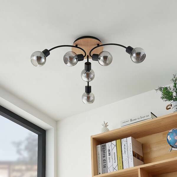 Lampa Sufitowa Lindby, Eridia, ściemnialny, drewniany, salon, szkło, nowoczesny