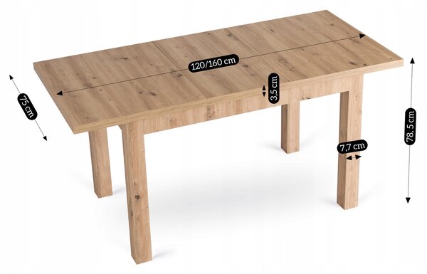 Klasyczny stół rozkładany Skubi 120-160 cm, dąb artisan