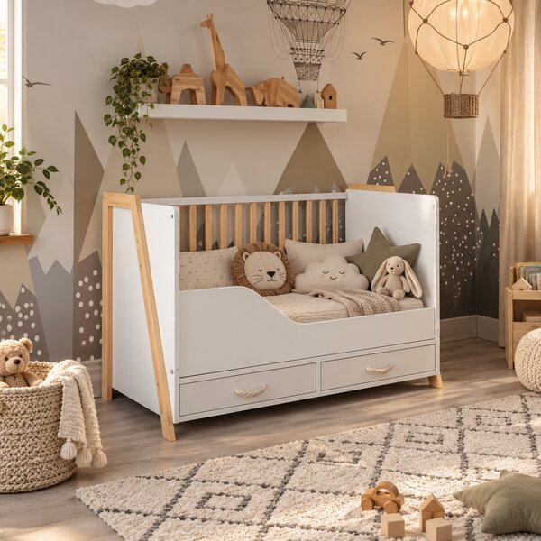 Zestaw mebli dziecięcych Luna BOHO 2w1: Łóżeczko z funkcją biurka + Komoda z przewijakiem