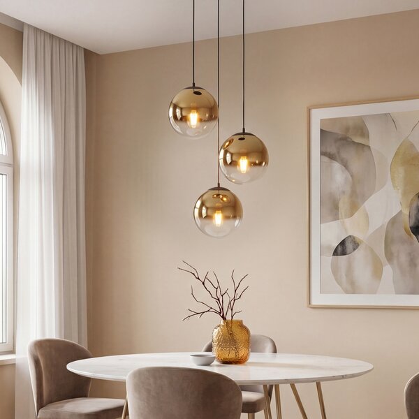 Lampa wisząca w stylu art deco czarna ze szklanymi kulami w kolorze złotym, okrągła, 3-światłowa - Pallon