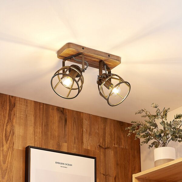 Lampa Sufitowa Lindby, Rutger, ściemnialny, drewniany, salon, drewno, vintage
