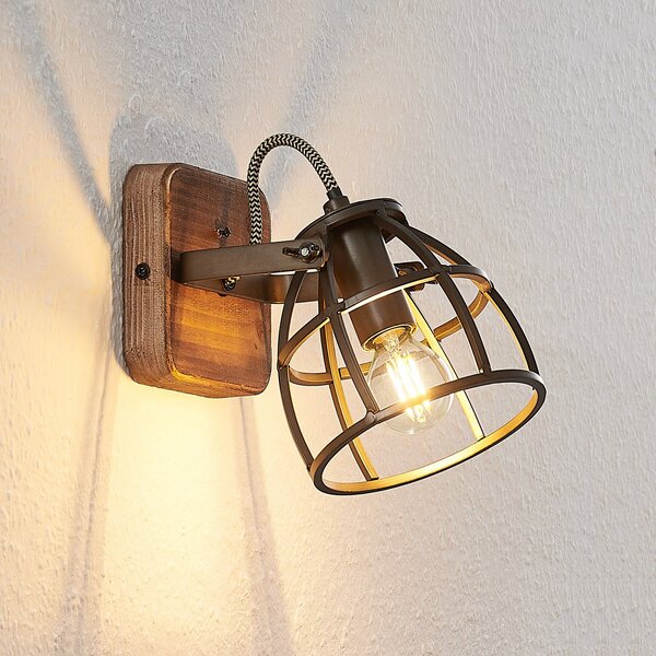 Lampa Ścienna Lindby, Rutger, ściemnialny, drewniany, salon, metal, vintage