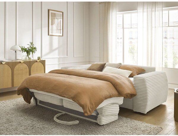 Beżowa sztruksowa rozkładana sofa do spania 220 cm Hugo – Bobochic Paris