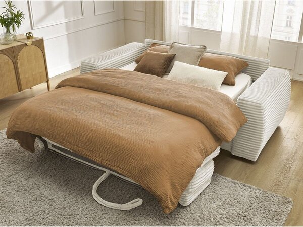 Beżowa sztruksowa rozkładana sofa do spania 220 cm Hugo – Bobochic Paris