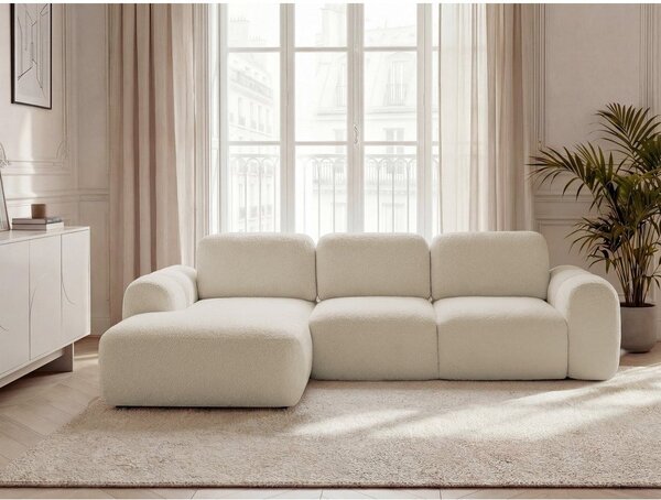Beżowy rozkładany narożnik z materiału bouclé ze schowkiem (lewostronny/z szezlongiem) Montaigne – Bobochic Paris