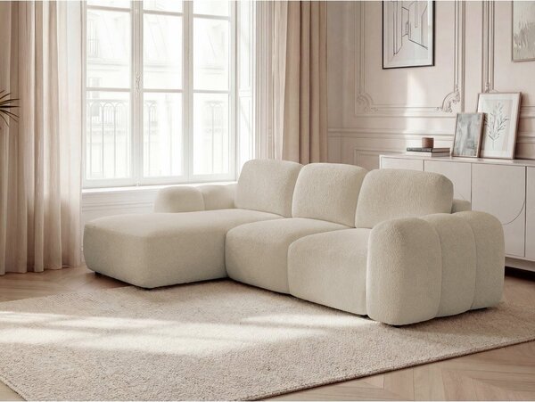 Beżowy rozkładany narożnik z materiału bouclé ze schowkiem (lewostronny/z szezlongiem) Montaigne – Bobochic Paris