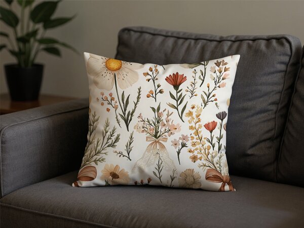 Polibawełniana poszewka na poduszkę FLORAL RIBBON POLY 45x45 cm, kremowa