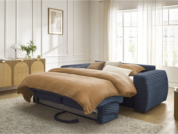 Ciemnoniebieska sztruksowa rozkładana sofa do spania 220 cm Hugo – Bobochic Paris