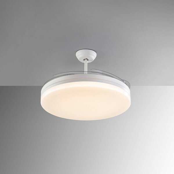 Schuller Valencia Wentylator sufitowy LED Vento biały/przezroczysty, DC Ø 150 cm cichy Vento, możliwość ściemniania, przezroczysty / transparentny, salon / jadalnia, metal, nowoczesny