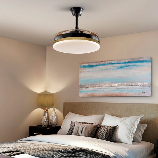 Schuller Valencia Wentylator sufitowy LED Vento czarny/złoty/dymny Ø 100 cm cichy Vento, możliwość ściemniania, aluminiowy / szary / cynkowy, salon / jadalnia, metal, nowoczesny