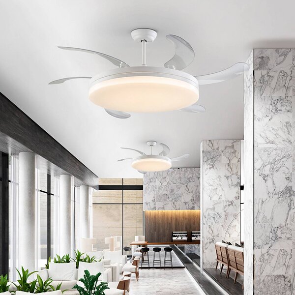Schuller Valencia Wentylator sufitowy LED Vento biały/przezroczysty, DC Ø 150 cm cichy Vento, możliwość ściemniania, przezroczysty / transparentny, salon / jadalnia, metal, nowoczesny