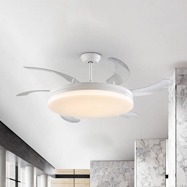 Schuller Valencia Wentylator sufitowy LED Vento biały/przezroczysty, DC Ø 150 cm cichy Vento, możliwość ściemniania, przezroczysty / transparentny, salon / jadalnia, metal, nowoczesny