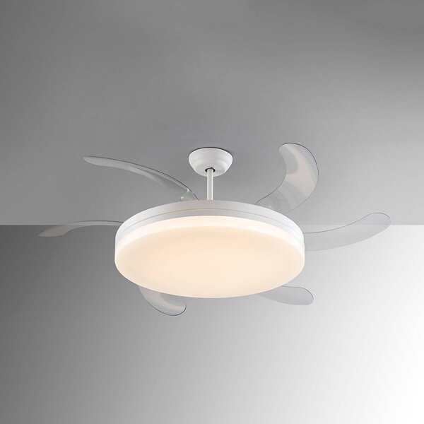 Schuller Valencia Wentylator sufitowy LED Vento biały/przezroczysty, DC Ø 150 cm cichy Vento, możliwość ściemniania, przezroczysty / transparentny, salon / jadalnia, metal, nowoczesny