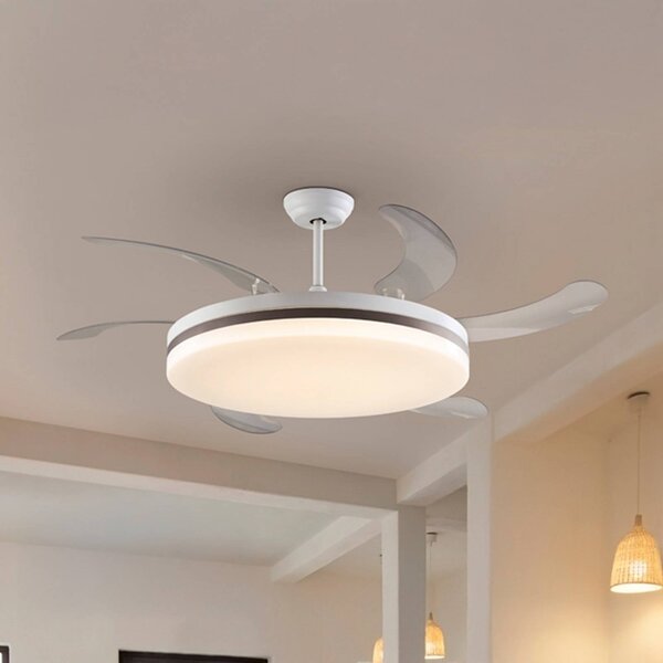 Schuller Valencia Wentylator sufitowy LED Vento biały/brązowy/przezroczysty, Ø 150 cm, cichy Vento, możliwość ściemniania, przezroczysty / transparentny, salon / jadalnia, metal, nowoczesny