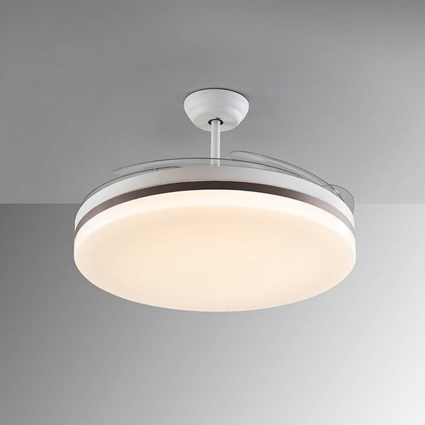 Schuller Valencia Wentylator sufitowy LED Vento biały/brązowy/przezroczysty, Ø 150 cm, cichy Vento, możliwość ściemniania, przezroczysty / transparentny, salon / jadalnia, metal, nowoczesny