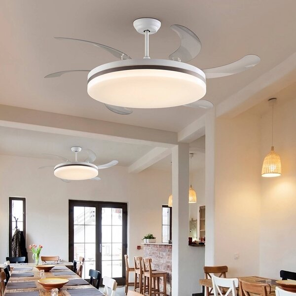 Schuller Valencia Wentylator sufitowy LED Vento biały/brązowy/przezroczysty, Ø 150 cm, cichy Vento, możliwość ściemniania, przezroczysty / transparentny, salon / jadalnia, metal, nowoczesny