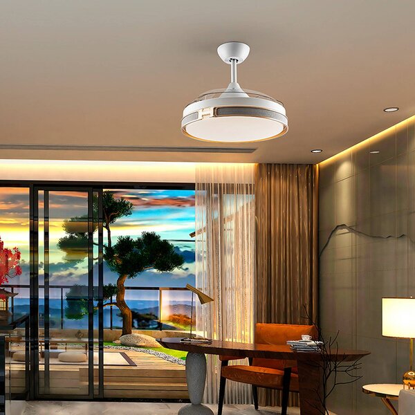 Schuller Valencia Wentylator sufitowy LED Herón biały/złoty/szary/przezroczysty Ø106 cm cichy Herón, możliwość ściemniania, przezroczysty / transparentny, salon / jadalnia, metal, nowoczesny