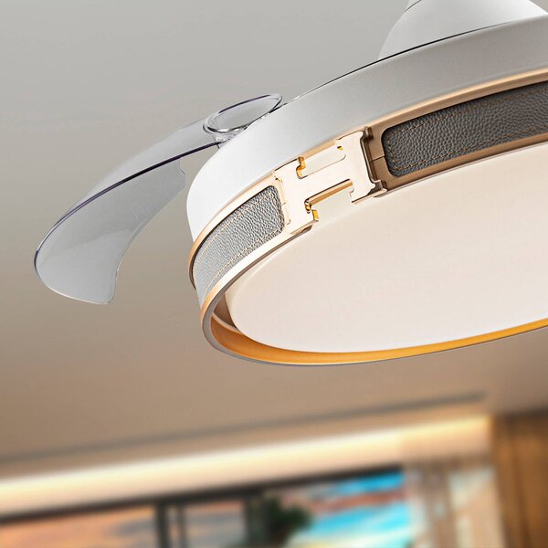Schuller Valencia Wentylator sufitowy LED Herón biały/złoty/szary/przezroczysty Ø106 cm cichy Herón, możliwość ściemniania, przezroczysty / transparentny, salon / jadalnia, metal, nowoczesny