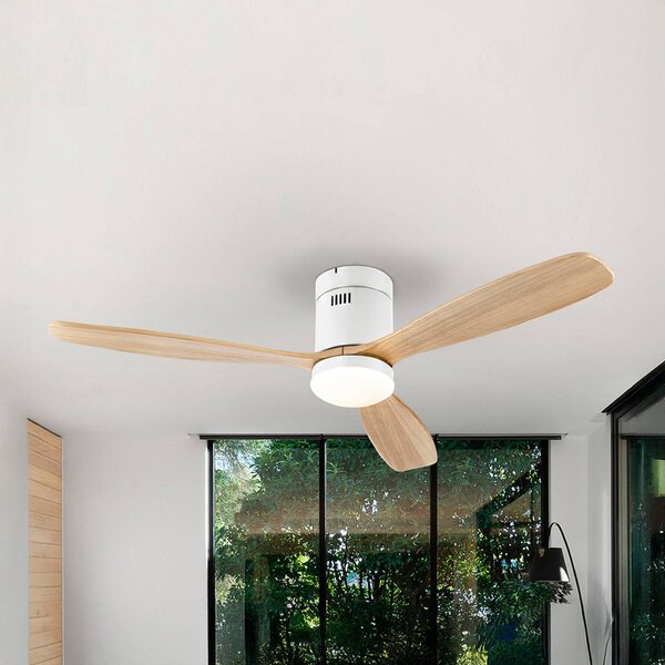 Schuller Valencia Wentylator sufitowy LED Siroco, biały/jasne drewno Ø 132 cm, cichy możliwość ściemniania, jasne drewno, salon / jadalnia, metal, nowoczesny