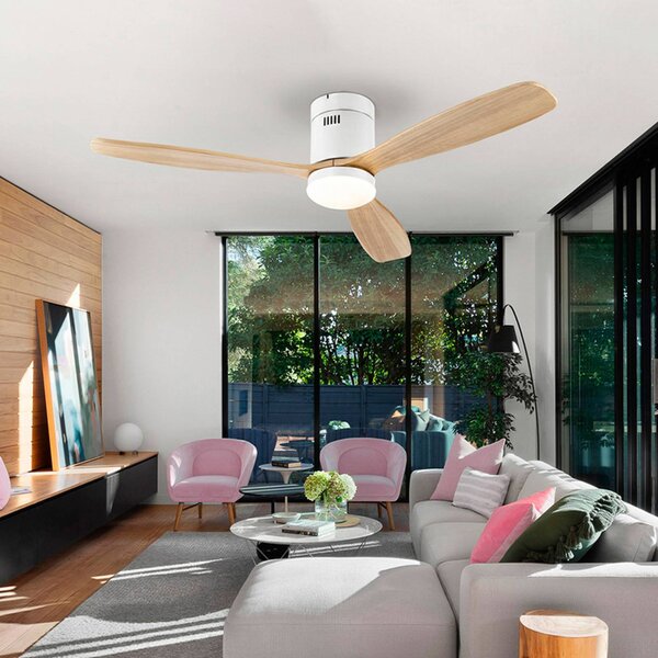 Schuller Valencia Wentylator sufitowy LED Siroco, biały/jasne drewno Ø 132 cm, cichy możliwość ściemniania, jasne drewno, salon / jadalnia, metal, nowoczesny