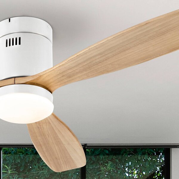 Schuller Valencia Wentylator sufitowy LED Siroco, biały/jasne drewno Ø 132 cm, cichy możliwość ściemniania, jasne drewno, salon / jadalnia, metal, nowoczesny