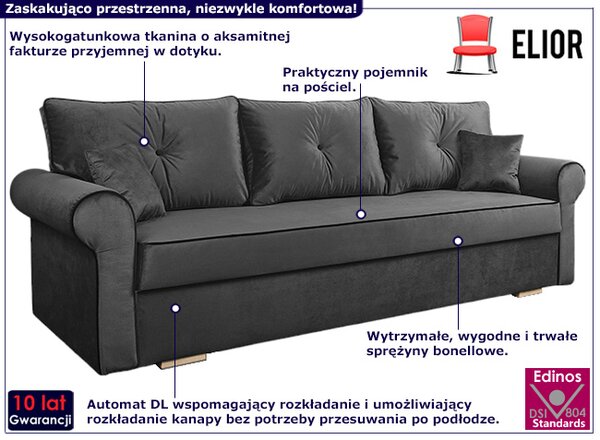 Grafitowa kanapa z pojemnikiem na pościel K9-A12