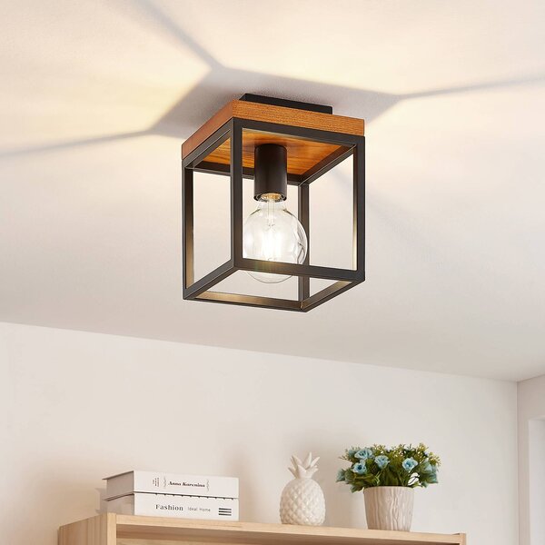 Lindby Lampa sufitowa Miravi, możliwość ściemniania, czarny, salon / jadalnia, drewno, nowoczesny