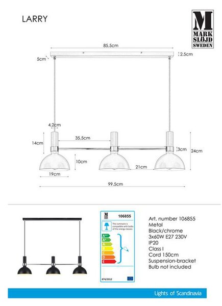 Lampa Wisząca Markslöjd, czarny, jadalnia, metal