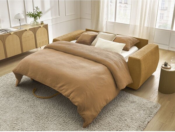 Musztardowa rozkładana sofa do spania z tkaniny szenilowej 220 cm Hugo – Bobochic Paris