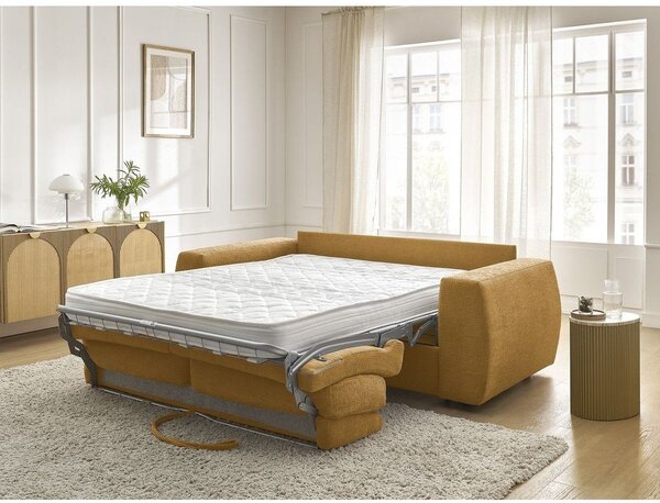 Musztardowa rozkładana sofa do spania z tkaniny szenilowej 220 cm Hugo – Bobochic Paris