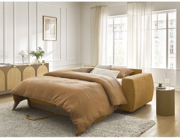 Musztardowa rozkładana sofa do spania z tkaniny szenilowej 220 cm Hugo – Bobochic Paris