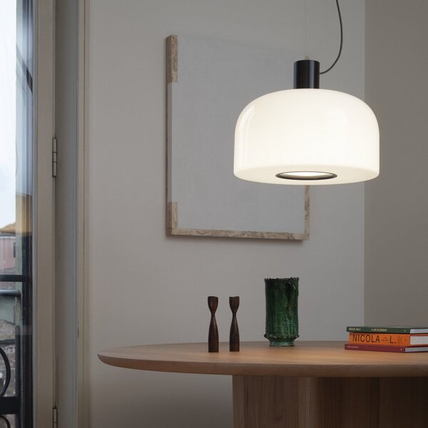 Lampa Wisząca FLOS, Bellhop Glass S2, ściemnialny, biały, salon, szkło
