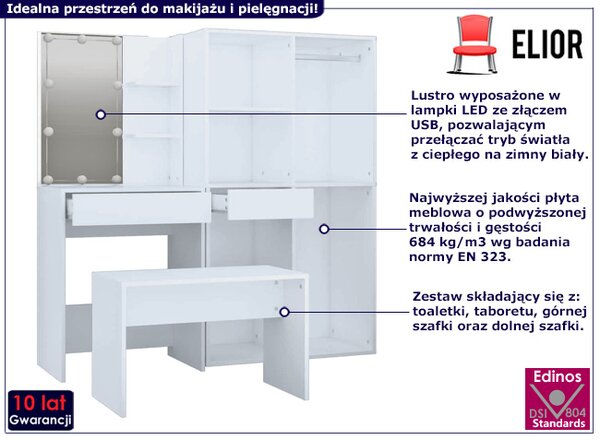 Biała nowoczesna toaletka z led i taboretem N2-C57
