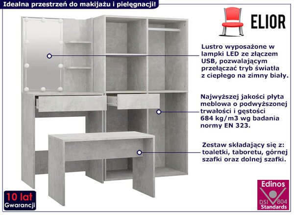 Komplet toaletki z LED i szafkami beton - Vojtori