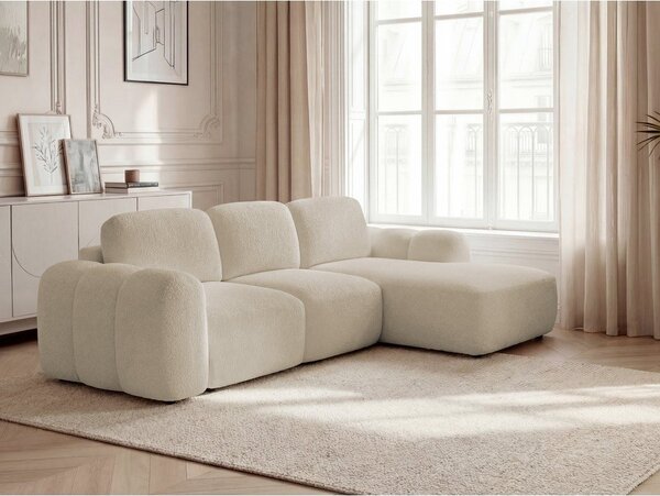 Beżowy rozkładany narożnik z materiału bouclé ze schowkiem (prawostronny/z szezlongiem) Montaigne – Bobochic Paris