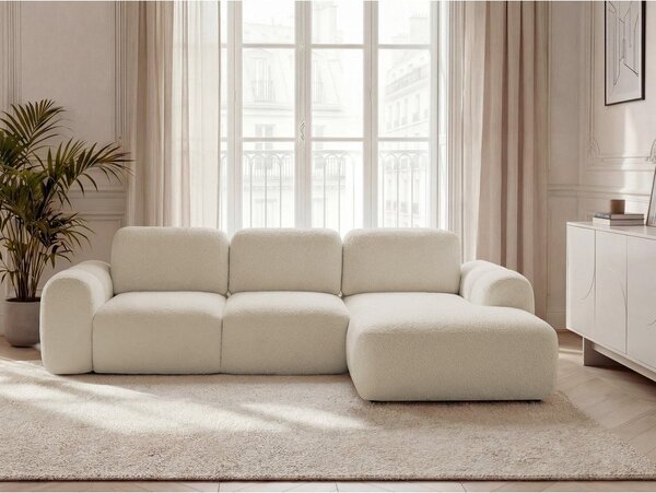 Beżowy rozkładany narożnik z materiału bouclé ze schowkiem (prawostronny/z szezlongiem) Montaigne – Bobochic Paris
