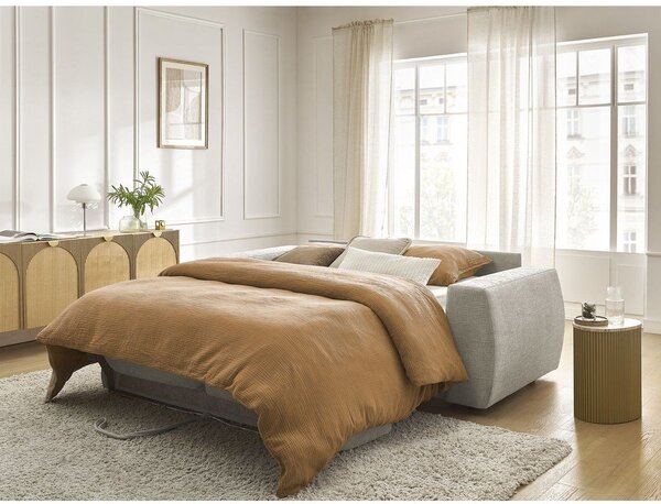 Beżowa rozkładana sofa do spania z tkaniny szenilowej 220 cm Hugo – Bobochic Paris