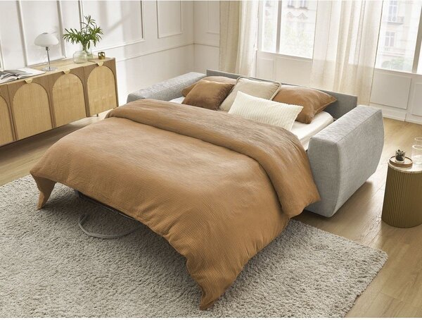 Beżowa rozkładana sofa do spania z tkaniny szenilowej 220 cm Hugo – Bobochic Paris