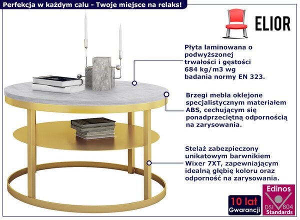 Okrągły stolik kawowy w stylu glamour złoty + beton R2-G13