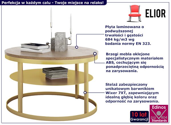 Nowoczesny stolik kawowy z półką złoty + dąb lancelot K2-E82