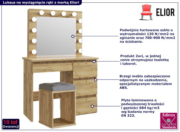 Zestaw toaletka podświetlana z taboretem dąb craft G9-L44