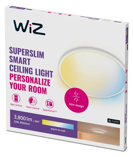 Lampa Sufitowa WiZ, SuperSlim, ściemnialny, biały, salon, tworzywo sztuczne, nowoczesny