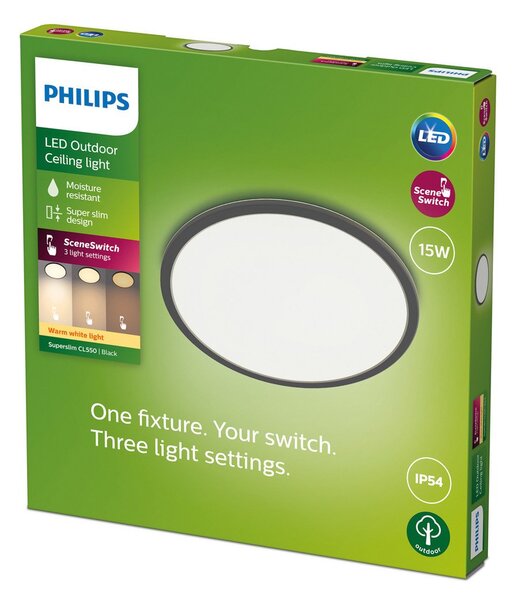 Lampa Sufitowa Philips, Superslim, ściemnialny, czarny, łazienka, metal