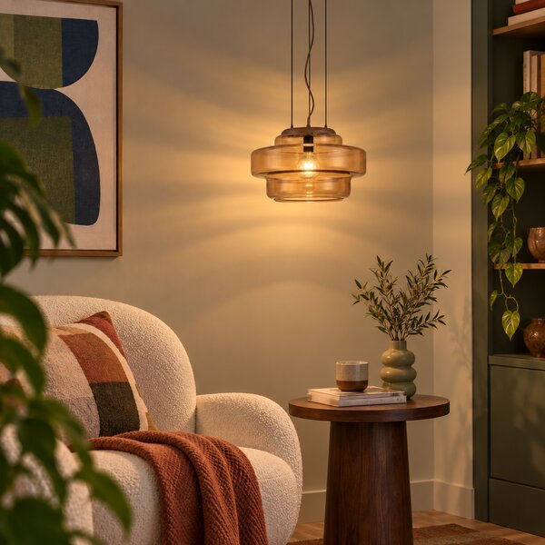 Lampa wisząca retro ciemny brąz z bursztynowym szkłem - Barb