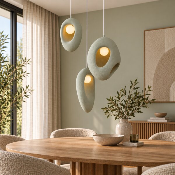 Lampa wisząca Japandi biała z organicznym jasnym zielonym kloszem 3-punktowa - Moonstone