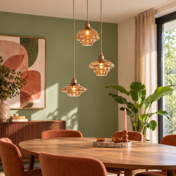 Lampa wisząca retro ciemny brąz z bursztynowymi kloszami 3-punktowa - Smokey