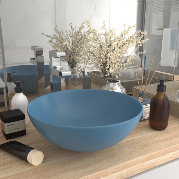 Umywalka łazienkowa, ceramiczna, jasnoniebieska, okrągła