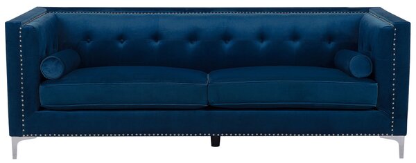 Sofa 3-osobowa niebieska welurowa pikowana metalowe srebrne nogi Avaldsenes Beliani